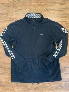 Vans Men’s Black Quarter-Zip Pullover with White Checkerboard Trim